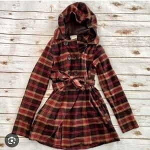 Self Esteem Red and Brown Plaid Hooded Trench Coat